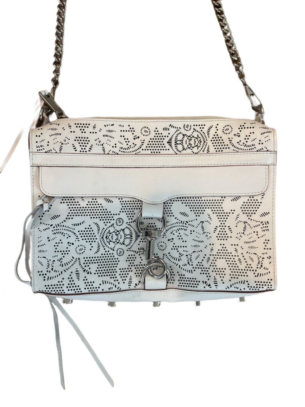Rebecca Minkoff Laser-Cut White Leather Floral Crossbody Shoulder Bag.